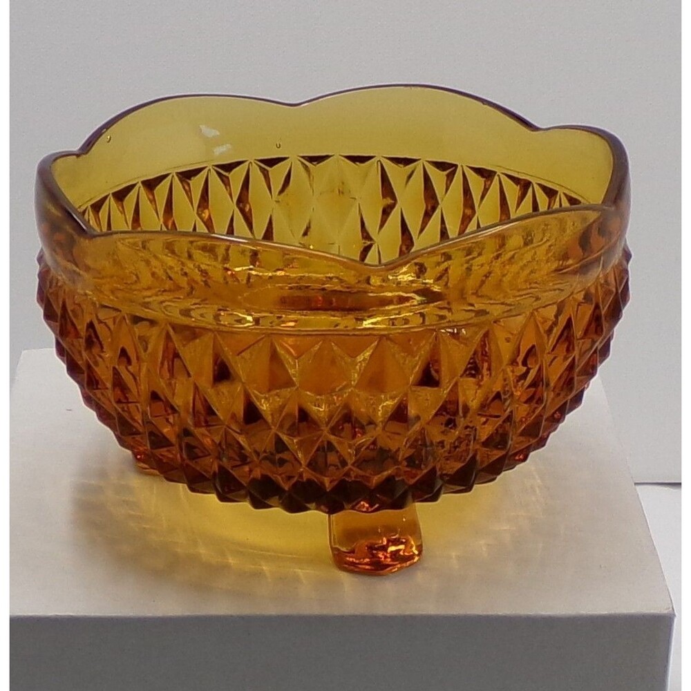 Vintage Indiana Glass Amber Diamond Point Three Footed Dish Bowl Retro
